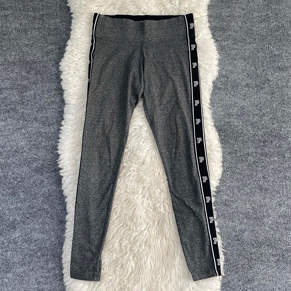 VICTORIA'S SECRET PINK YOGA PANTS GREY HEATHER BLACK SIDE STRIPE PANEL LEGGING